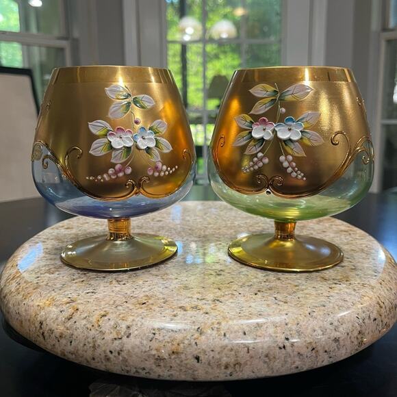 Bohemian Czech Vintage Tre Fuochi Hand Painted Crystal Gold Gilt Brandy Snifter - Picture 8 of 16